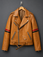 Brown Striped Leather Biker Jacket